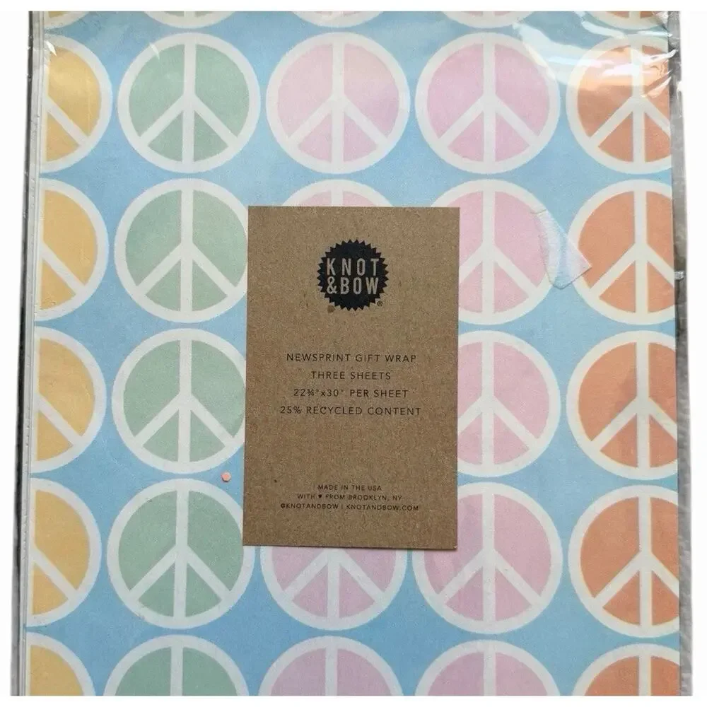 Knot & Bow Peace Sign Newsprint Gift Wrap 3 Sheets New Pastel Wrapping Paper NIP
